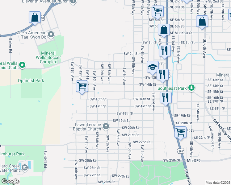map of restaurants, bars, coffee shops, grocery stores, and more near 706 Southwest 15th Street in Mineral Wells