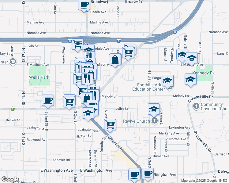 map of restaurants, bars, coffee shops, grocery stores, and more near Yannis Court in El Cajon