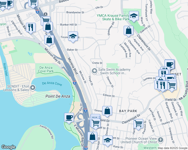 map of restaurants, bars, coffee shops, grocery stores, and more near 3212 Donley Street in San Diego