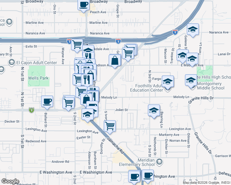 map of restaurants, bars, coffee shops, grocery stores, and more near in El Cajon