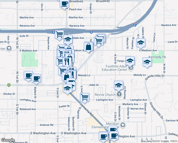 map of restaurants, bars, coffee shops, grocery stores, and more near in El Cajon