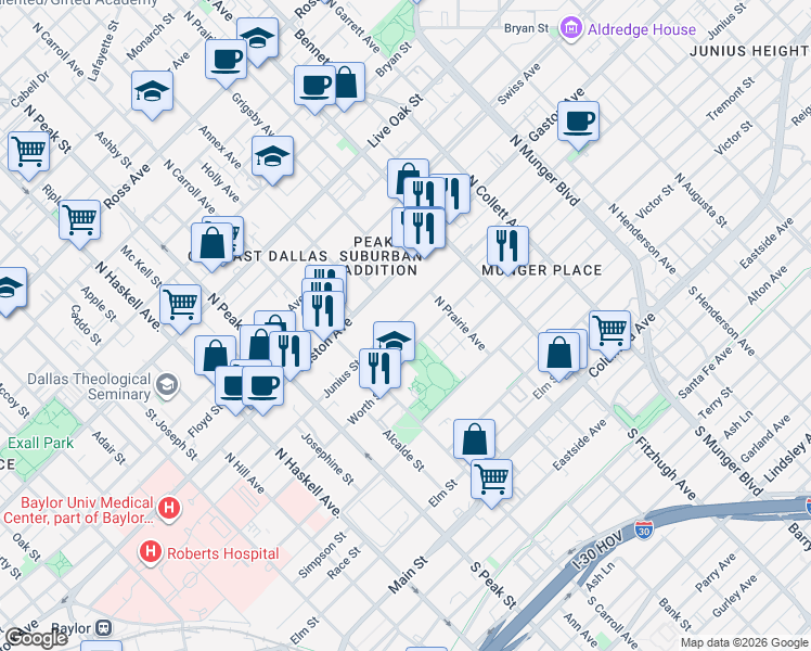map of restaurants, bars, coffee shops, grocery stores, and more near 4631 Junius Street in Dallas