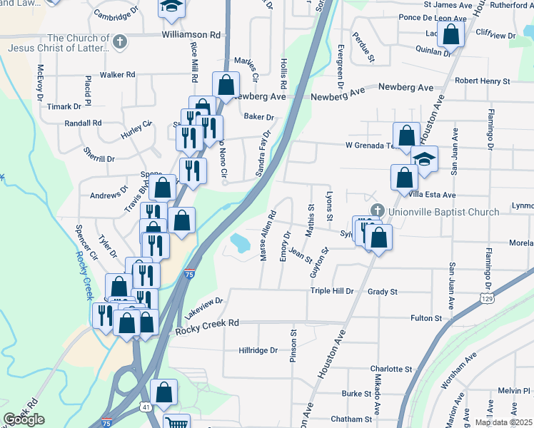 map of restaurants, bars, coffee shops, grocery stores, and more near 3969 Marse Allen Road in Macon