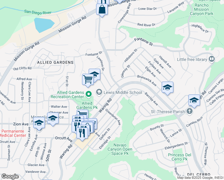 map of restaurants, bars, coffee shops, grocery stores, and more near 6877 Glenroy Street in San Diego