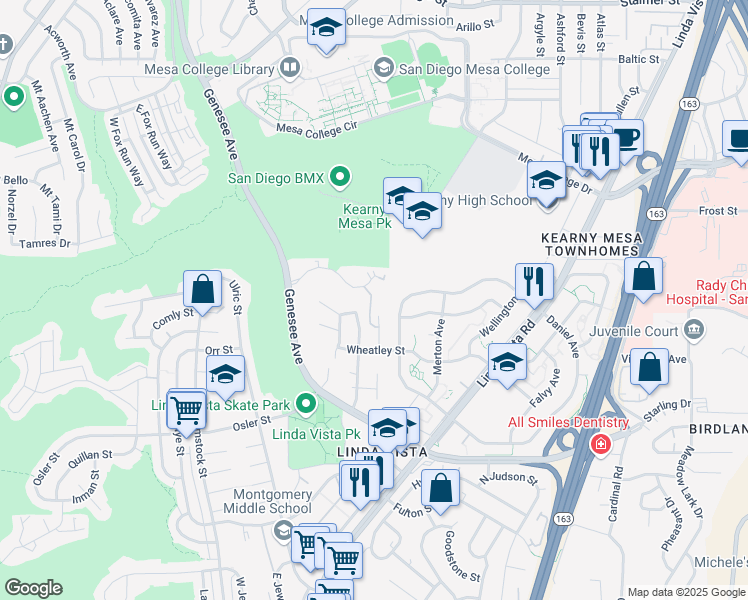 map of restaurants, bars, coffee shops, grocery stores, and more near 7053 Park Mesa Way in San Diego