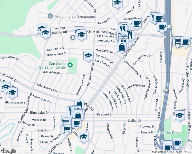map of restaurants, bars, coffee shops, grocery stores, and more near 8310 Lake Adlon Drive in San Diego