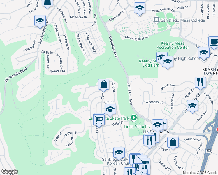 map of restaurants, bars, coffee shops, grocery stores, and more near 3028 Ulric Street in San Diego