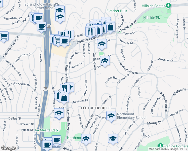 map of restaurants, bars, coffee shops, grocery stores, and more near 282 Garfield Avenue in El Cajon