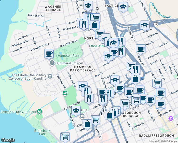 map of restaurants, bars, coffee shops, grocery stores, and more near 361 Ashley Avenue in Charleston