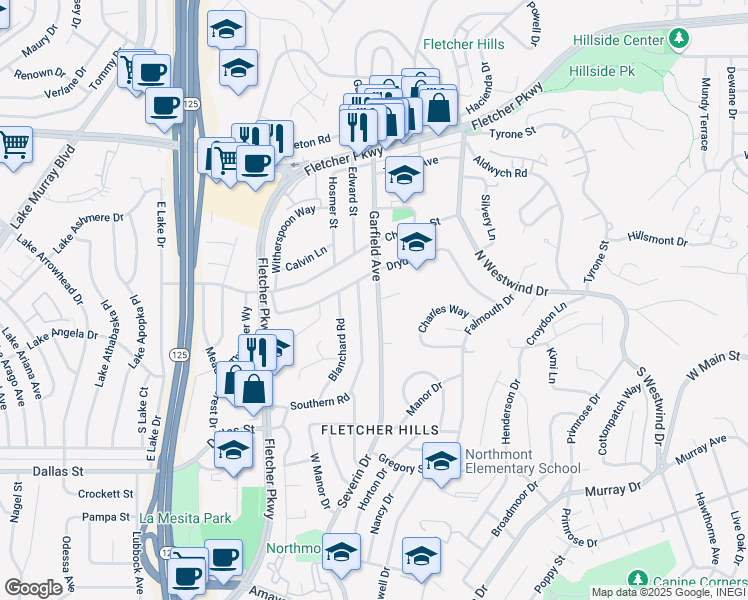 map of restaurants, bars, coffee shops, grocery stores, and more near 282 Garfield Avenue in El Cajon