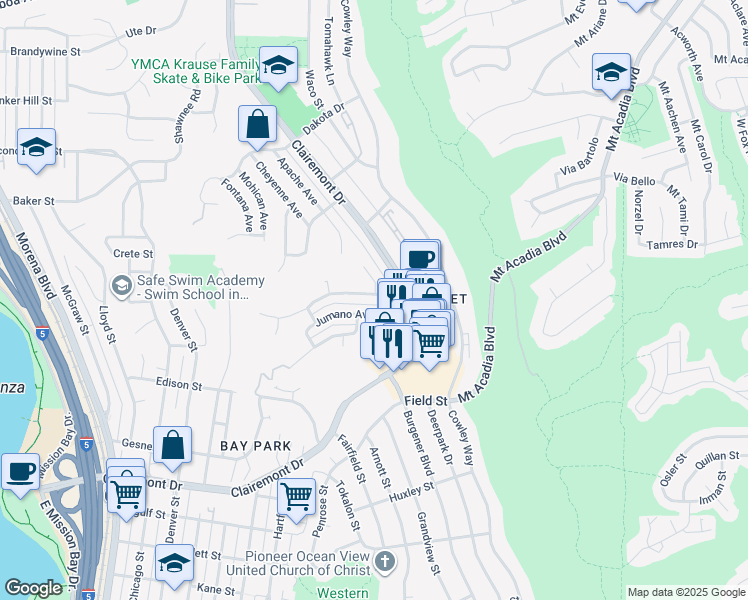 map of restaurants, bars, coffee shops, grocery stores, and more near 4851 Iroquois Avenue in San Diego