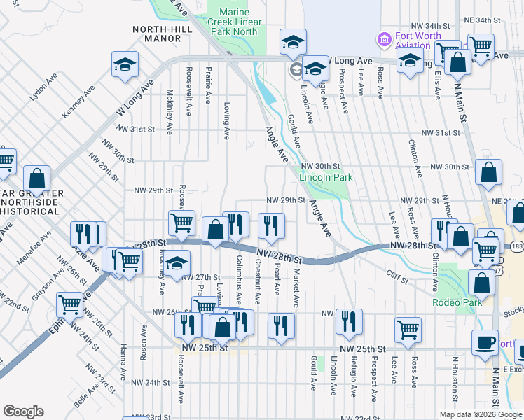 map of restaurants, bars, coffee shops, grocery stores, and more near 2913 Chestnut Avenue in Fort Worth