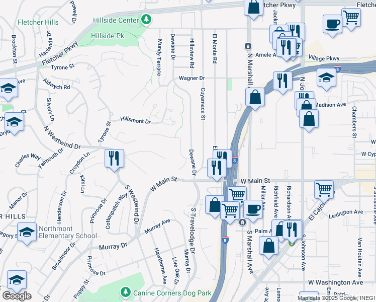 map of restaurants, bars, coffee shops, grocery stores, and more near 331 Dewane Drive in El Cajon