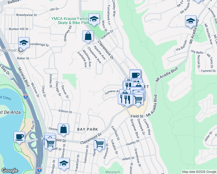 map of restaurants, bars, coffee shops, grocery stores, and more near 4740 Iroquois Avenue in San Diego