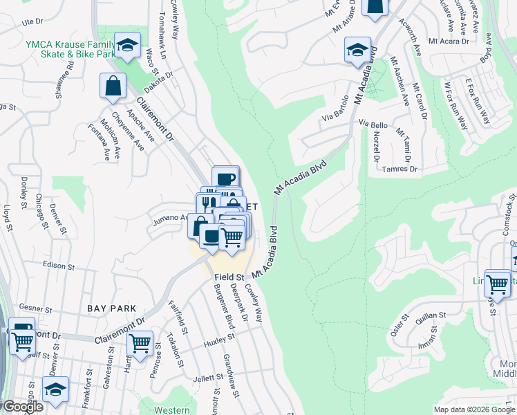 map of restaurants, bars, coffee shops, grocery stores, and more near 2995 Cowley Way in San Diego