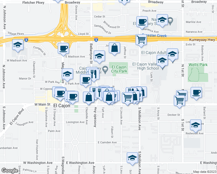 map of restaurants, bars, coffee shops, grocery stores, and more near 296 Roanoke Road in El Cajon
