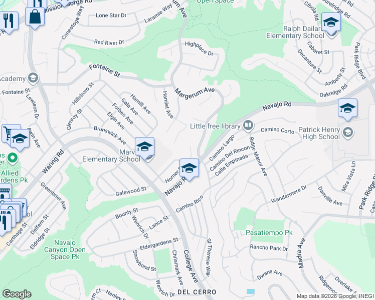 map of restaurants, bars, coffee shops, grocery stores, and more near 7282 Horner Street in San Diego