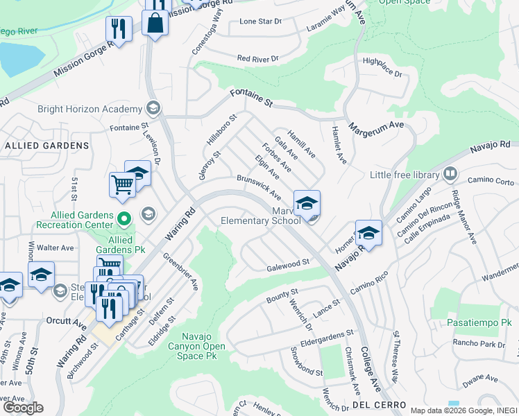 map of restaurants, bars, coffee shops, grocery stores, and more near 5522 Waring Road in San Diego