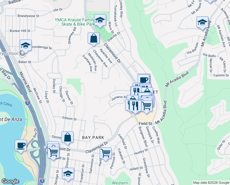 map of restaurants, bars, coffee shops, grocery stores, and more near 4740 Iroquois Avenue in San Diego