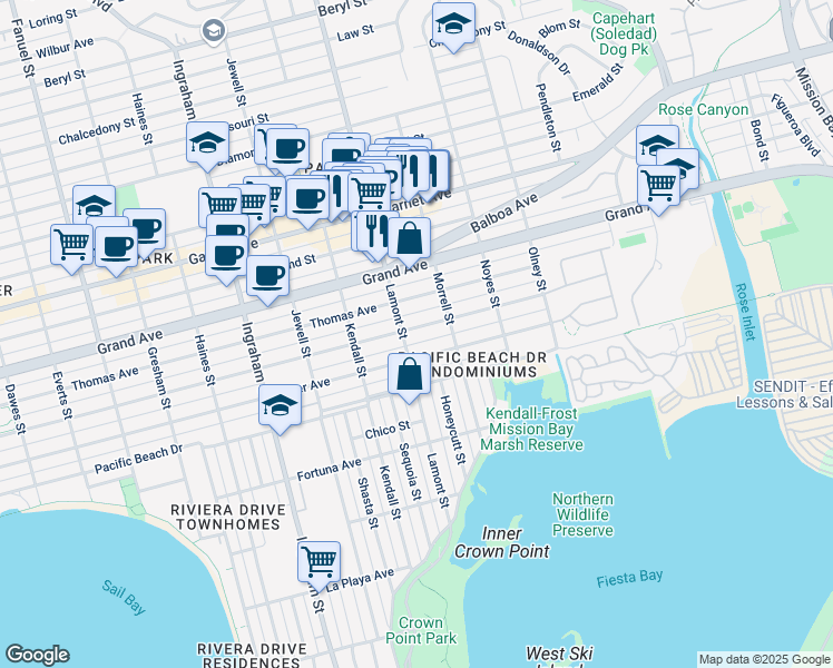 map of restaurants, bars, coffee shops, grocery stores, and more near 4257 Lamont Street in San Diego