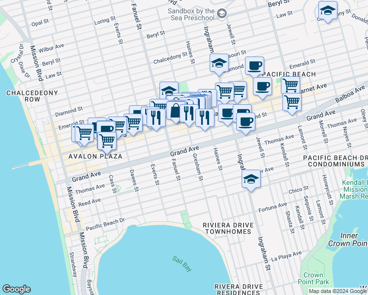 map of restaurants, bars, coffee shops, grocery stores, and more near 1364 Grand Avenue in San Diego