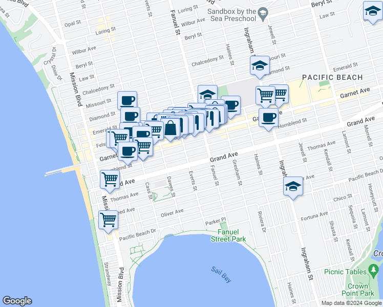 map of restaurants, bars, coffee shops, grocery stores, and more near in San Diego