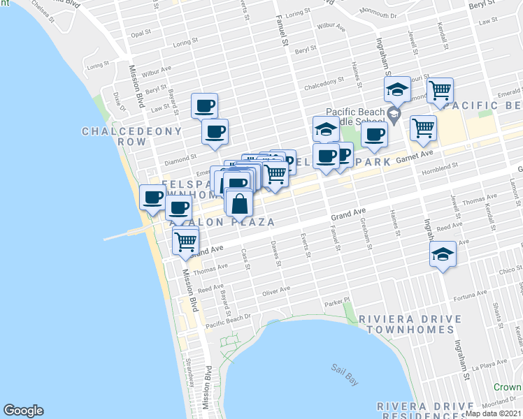 map of restaurants, bars, coffee shops, grocery stores, and more near 1059 Garnet Avenue in San Diego