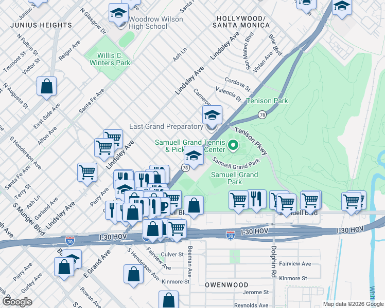 map of restaurants, bars, coffee shops, grocery stores, and more near 6023 East Grand Avenue in Dallas