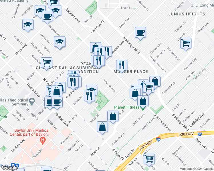 map of restaurants, bars, coffee shops, grocery stores, and more near 4721 Worth Street in Dallas
