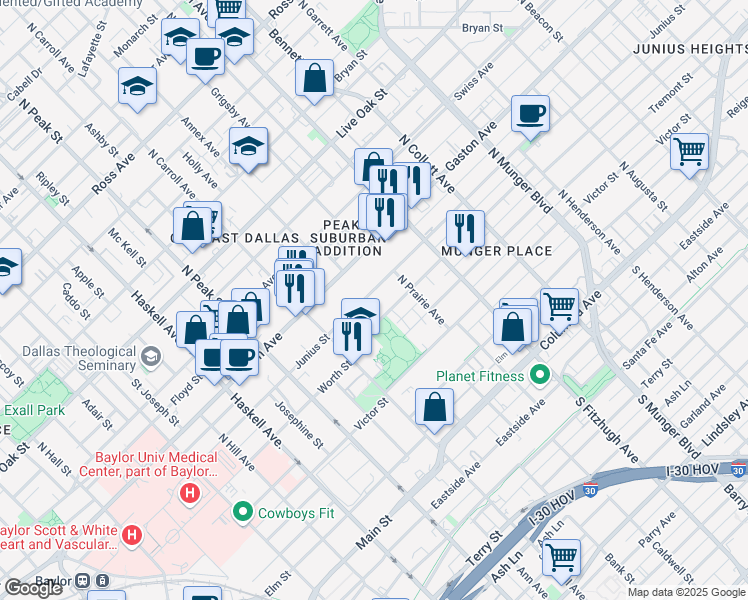 map of restaurants, bars, coffee shops, grocery stores, and more near 4631 Junius Street in Dallas