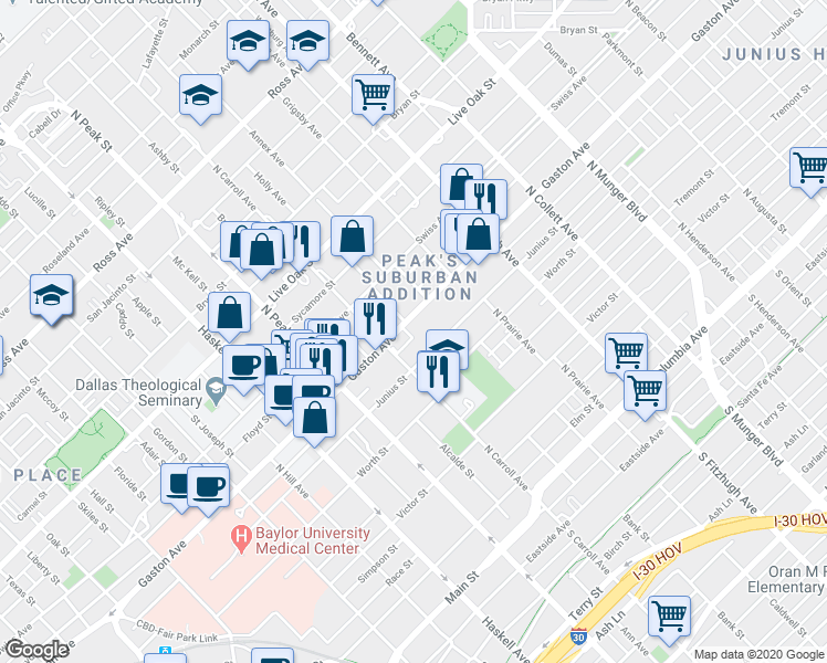 map of restaurants, bars, coffee shops, grocery stores, and more near 4601 Gaston Avenue in Dallas
