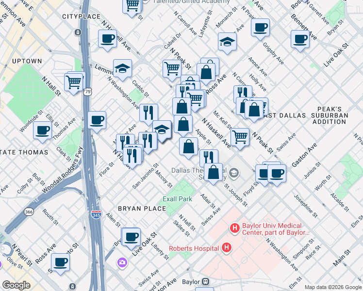 map of restaurants, bars, coffee shops, grocery stores, and more near 3816 San Jacinto Street in Dallas