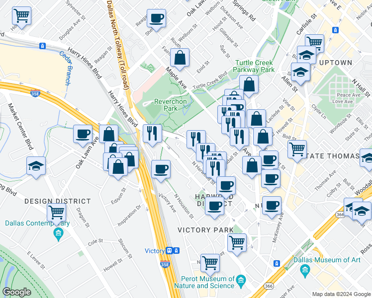 map of restaurants, bars, coffee shops, grocery stores, and more near 3130 North Harwood Street in Dallas