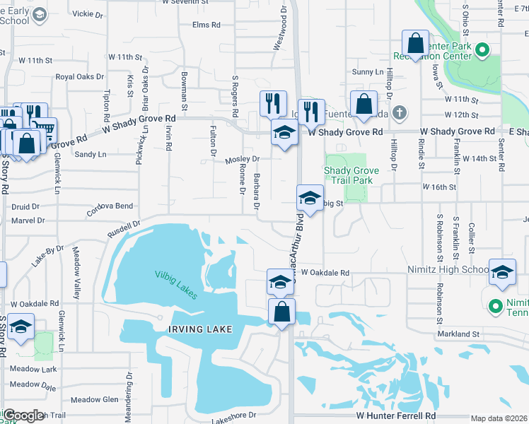 map of restaurants, bars, coffee shops, grocery stores, and more near 1618 Barbara Drive in Irving