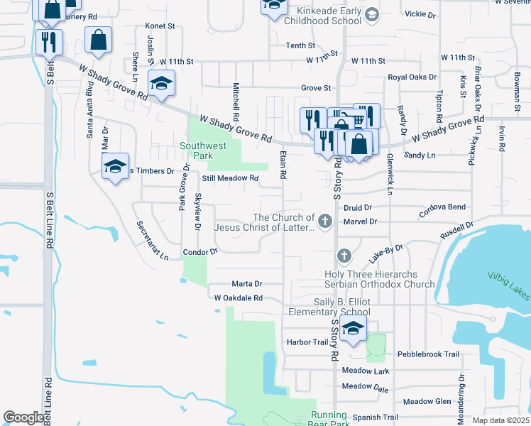 map of restaurants, bars, coffee shops, grocery stores, and more near 2605 Quail Ridge in Irving