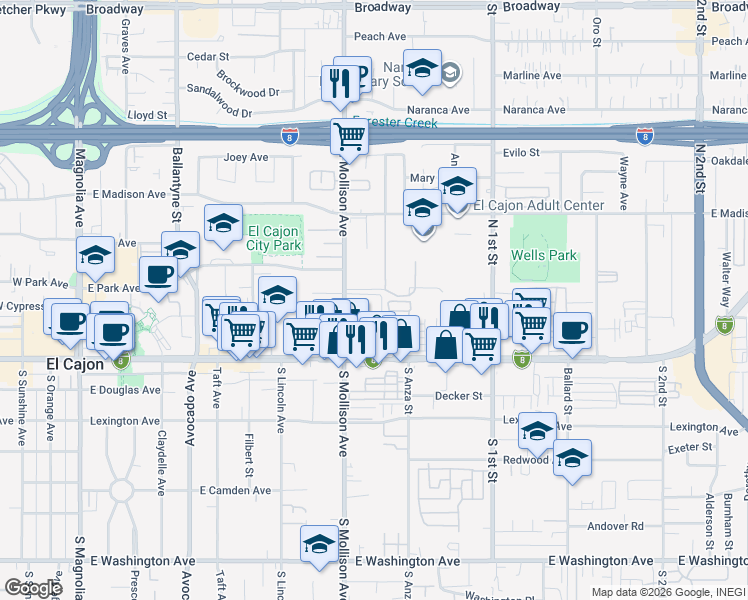 map of restaurants, bars, coffee shops, grocery stores, and more near 233 North Mollison Avenue in El Cajon