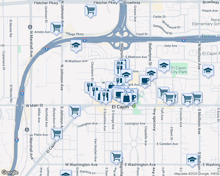map of restaurants, bars, coffee shops, grocery stores, and more near 236 West Cypress Avenue in El Cajon