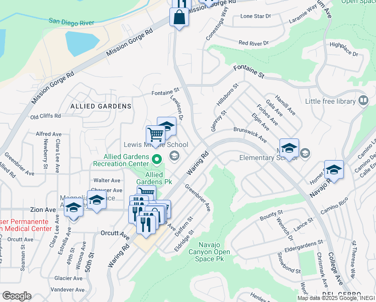 map of restaurants, bars, coffee shops, grocery stores, and more near 6860 Glenroy Street in San Diego