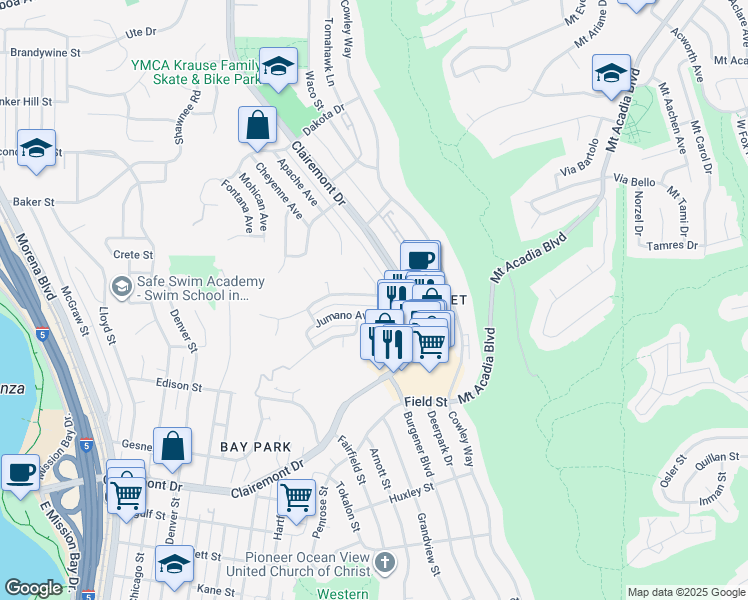 map of restaurants, bars, coffee shops, grocery stores, and more near 4851 Iroquois Avenue in San Diego