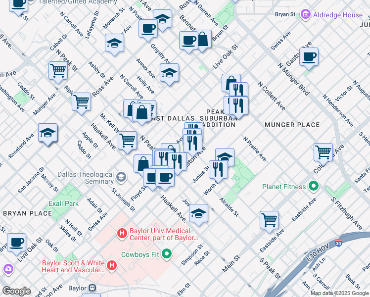 map of restaurants, bars, coffee shops, grocery stores, and more near 1000 North Carroll Avenue in Dallas
