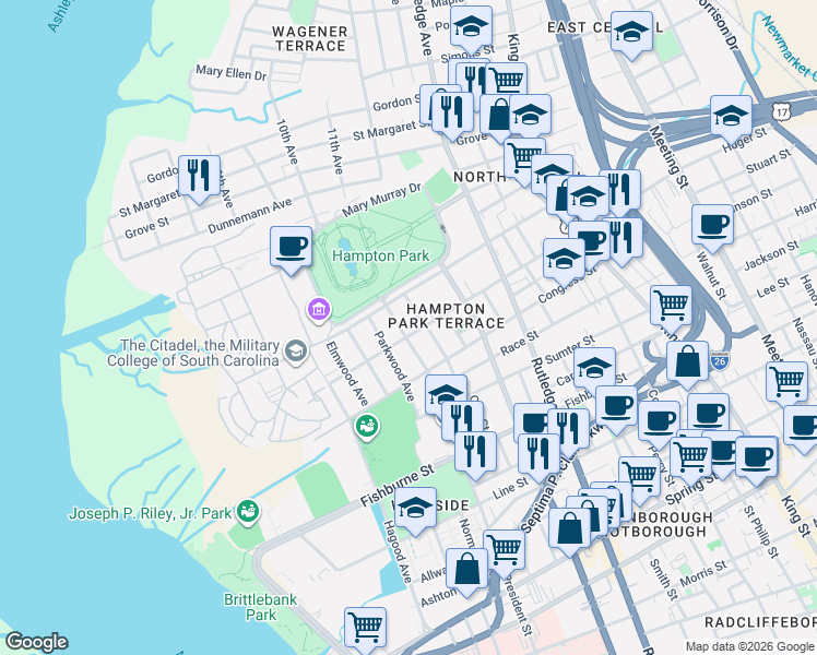 map of restaurants, bars, coffee shops, grocery stores, and more near 478 Huger Street in Charleston