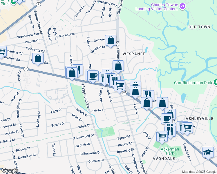 map of restaurants, bars, coffee shops, grocery stores, and more near 1271 South Carolina 61 in Ridgeville