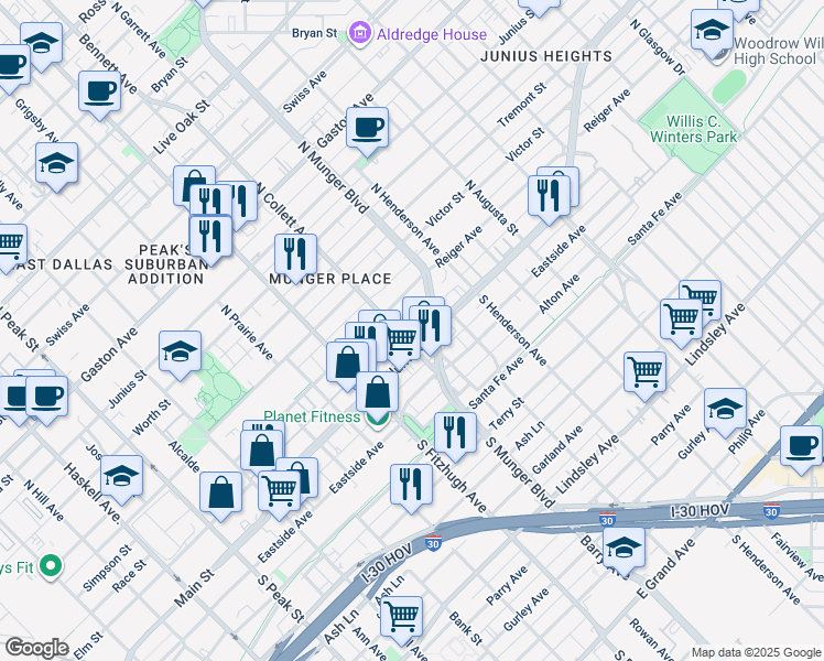 map of restaurants, bars, coffee shops, grocery stores, and more near 110 North Garrett Avenue in Dallas