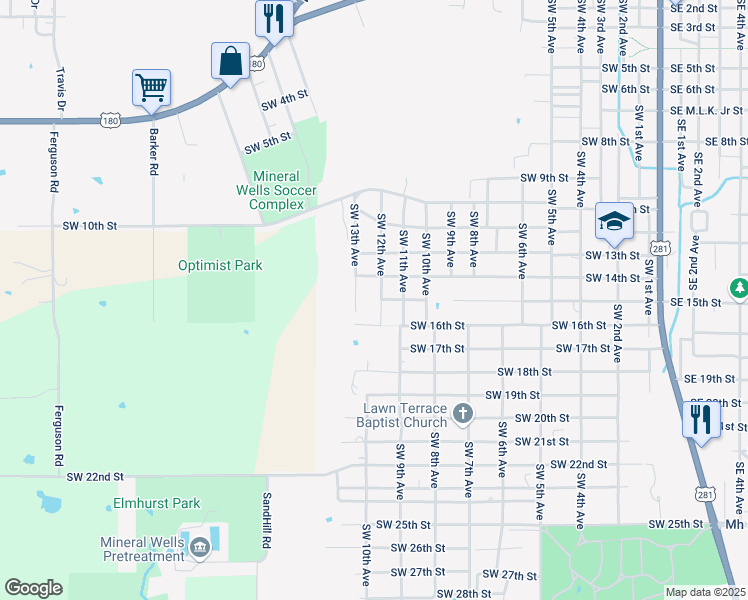 map of restaurants, bars, coffee shops, grocery stores, and more near 1503 Southwest 13th Avenue in Mineral Wells