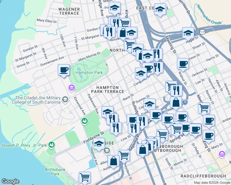 map of restaurants, bars, coffee shops, grocery stores, and more near 361 Ashley Avenue in Charleston