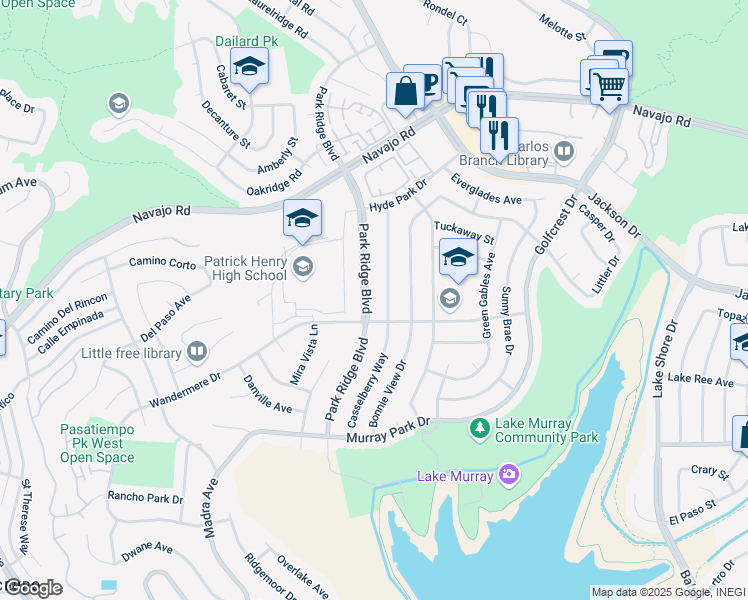 map of restaurants, bars, coffee shops, grocery stores, and more near 6685 Casselberry Way in San Diego