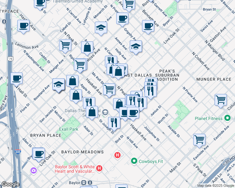 map of restaurants, bars, coffee shops, grocery stores, and more near 4208 Live Oak Street in Dallas
