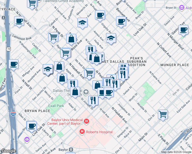 map of restaurants, bars, coffee shops, grocery stores, and more near in Dallas