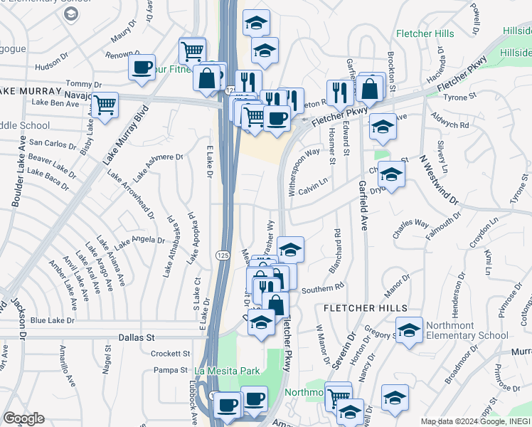 map of restaurants, bars, coffee shops, grocery stores, and more near 298 Thrasher Drive in El Cajon