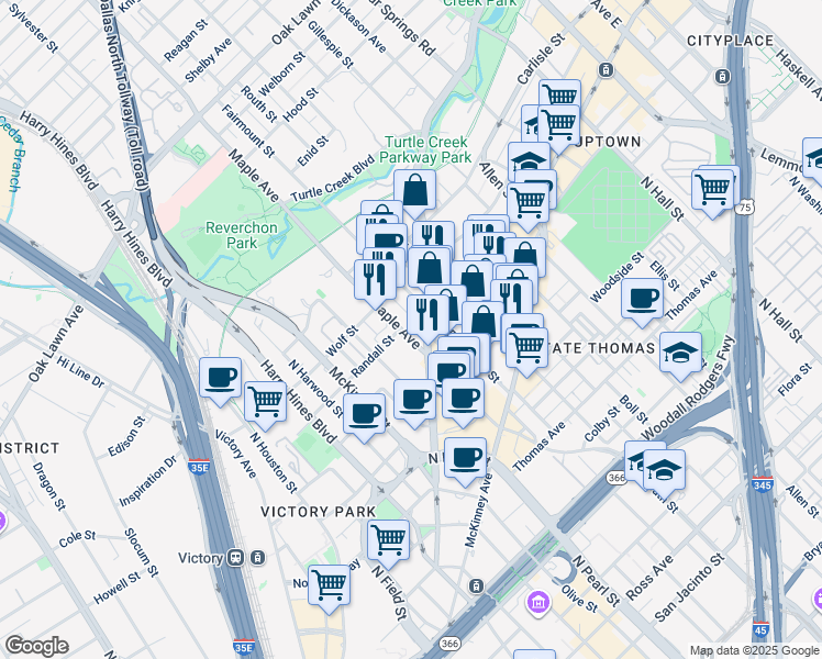 map of restaurants, bars, coffee shops, grocery stores, and more near 2408 Cedar Springs Road in Dallas